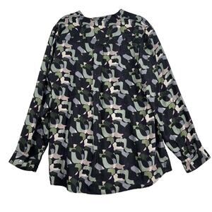 Casual Studio Silk Blouse Size L Black Green Print Button Up Roll Tab Sleeve